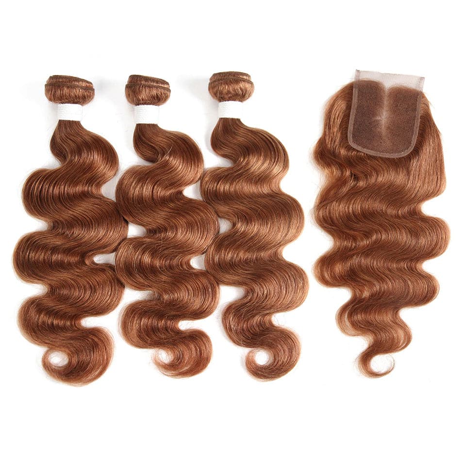 #30 Brown Body Wave 3 Bundles With Closure 4x4 pre Colored 100% Virgin human hair - Perismoda Hair